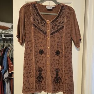 Women's 90s Vintage Brown Embroidered Top